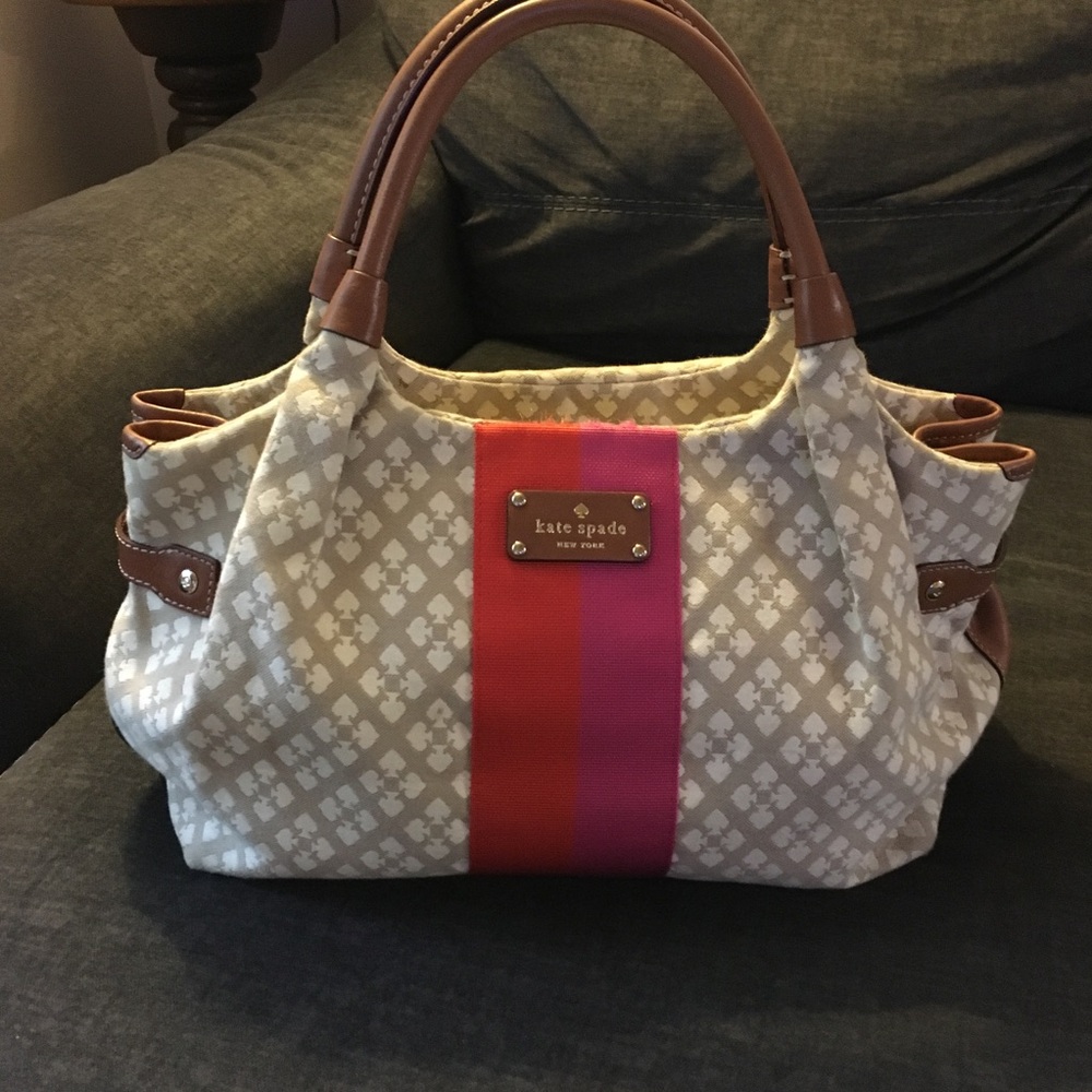 kate spade Cream Patterned Satchel with Pink and Red Center Stripe